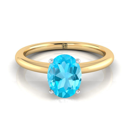 14K Yellow Gold Oval Swiss Blue Topaz Round Comfort Fit Claw Prong Solitaire Engagement Ring
