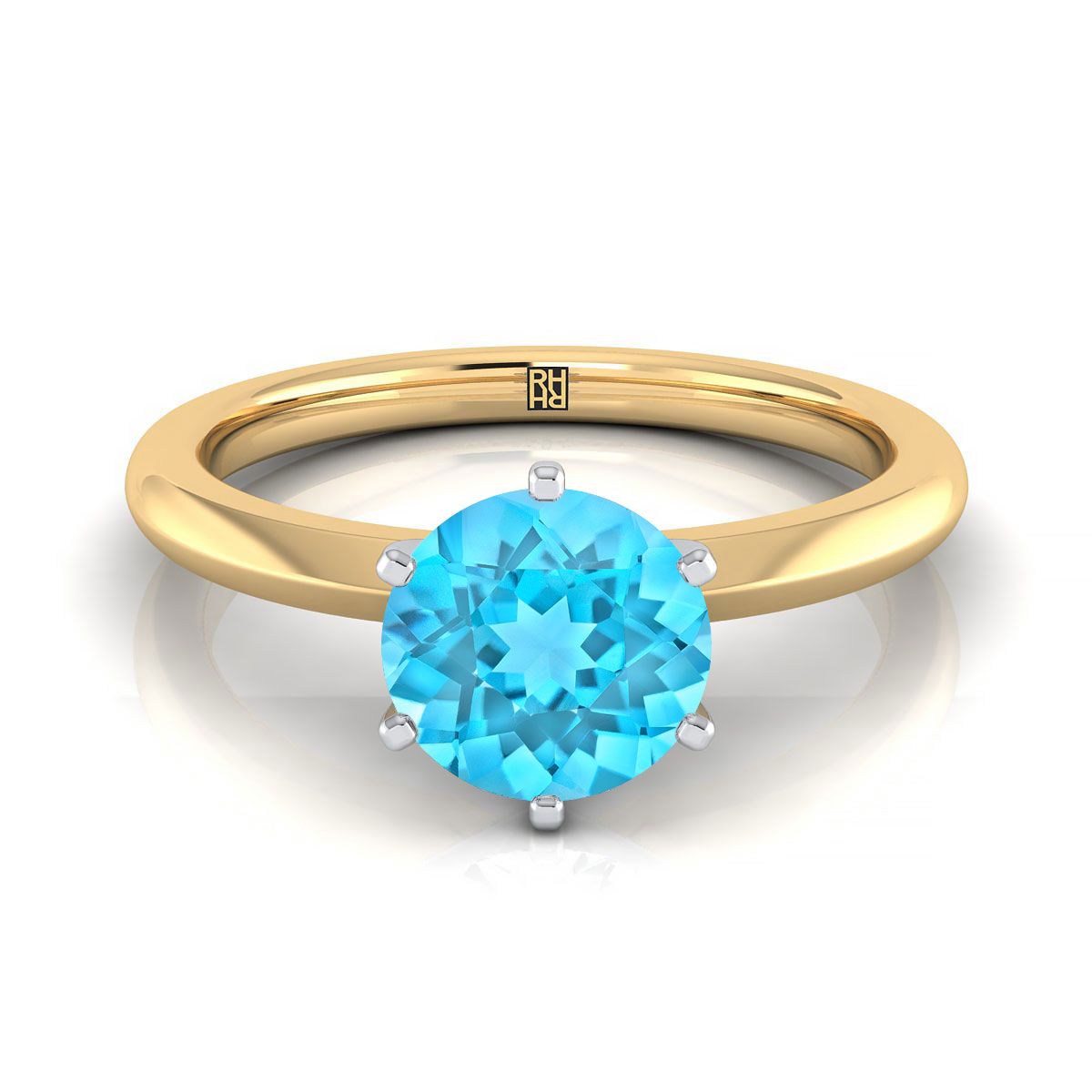 18K Yellow Gold Round Brilliant Swiss Blue Topaz Pinched Comfort Fit Claw Prong Solitaire Engagement Ring