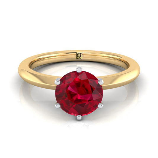 18K Yellow Gold Round Brilliant Ruby Pinched Comfort Fit Claw Prong Solitaire Engagement Ring