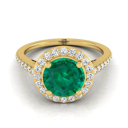 14K Yellow Gold Round Brilliant Emerald French Pave Halo Secret Gallery Diamond Engagement Ring -3/8ctw