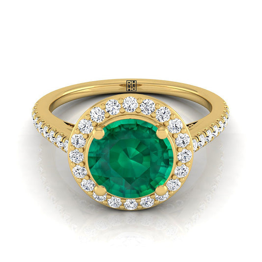 18K Yellow Gold Round Brilliant Emerald French Pave Halo Secret Gallery Diamond Engagement Ring -3/8ctw