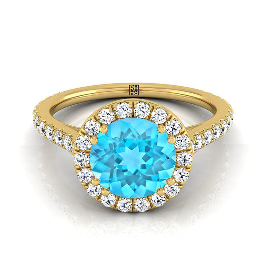 14K Yellow Gold Round Brilliant Swiss Blue Topaz Horizontal Fancy East West Diamond Halo Engagement Ring -1/2ctw