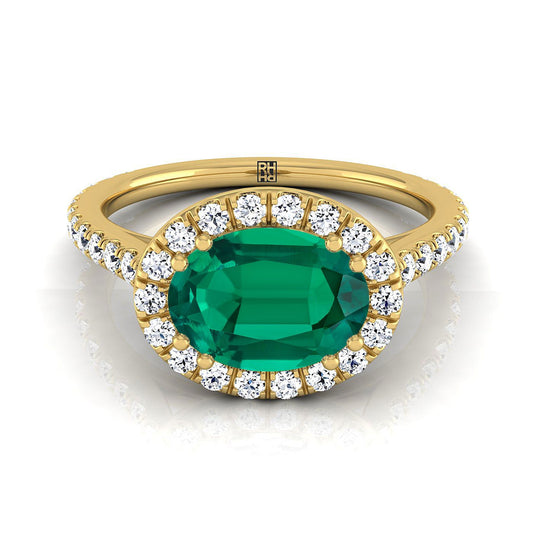 14K Yellow Gold Oval Emerald Horizontal Fancy East West Diamond Halo Engagement Ring -1/2ctw