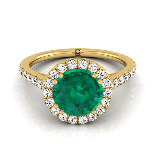 18K Yellow Gold Round Brilliant Emerald Horizontal Fancy East West Diamond Halo Engagement Ring -1/2ctw