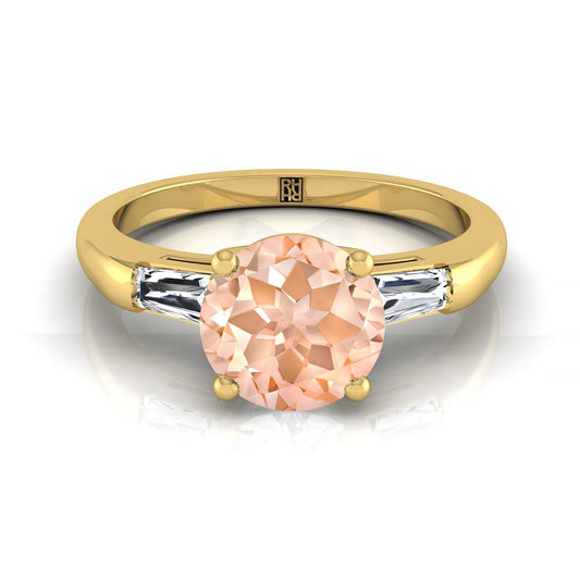 18K Yellow Gold Round Brilliant Morganite Three Stone Tapered Baguette Engagement Ring -1/5ctw