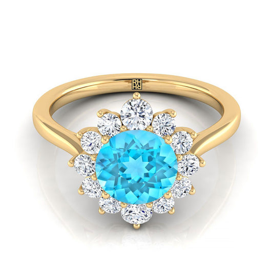 14K Yellow Gold Round Brilliant Swiss Blue Topaz Floral Diamond Halo Engagement Ring -1/2ctw