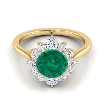 14K Yellow Gold Round Brilliant Emerald Floral Diamond Halo Engagement Ring -1/2ctw