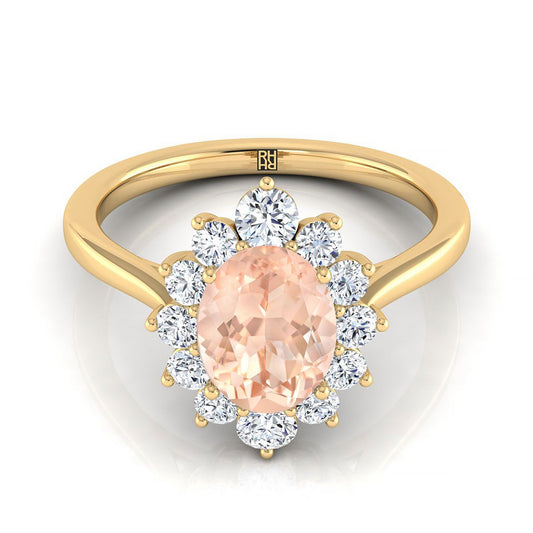 14K Yellow Gold Oval Morganite Floral Diamond Halo Engagement Ring -1/2ctw