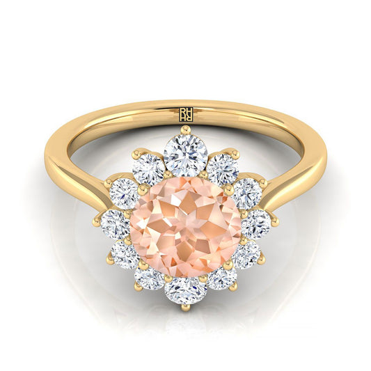 14K Yellow Gold Round Brilliant Morganite Floral Diamond Halo Engagement Ring -1/2ctw