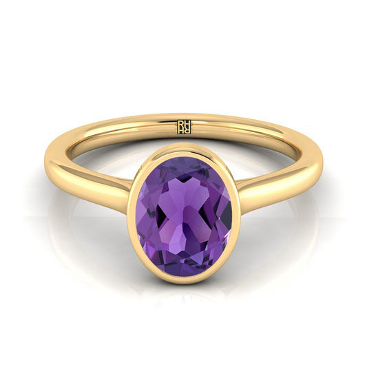 18K Yellow Gold Oval Amethyst Simple Bezel Solitaire Engagement Ring
