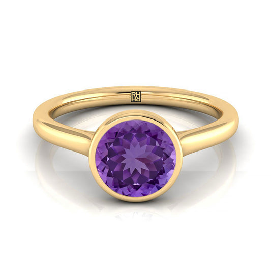 18K Yellow Gold Round Brilliant Amethyst Simple Bezel Solitaire Engagement Ring