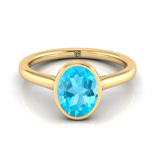 18K Yellow Gold Oval Swiss Blue Topaz Simple Bezel Solitaire Engagement Ring