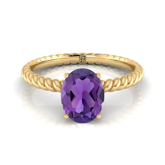 14K Yellow Gold Oval Amethyst Twisted Rope Solitaire With Surprize Diamond Engagement Ring