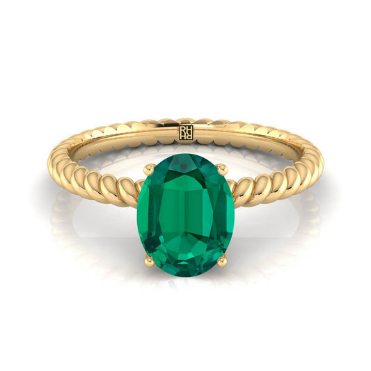 18K Yellow Gold Oval Emerald Twisted Rope Solitaire With Surprize Diamond Engagement Ring
