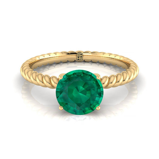 18K Yellow Gold Round Brilliant Emerald Twisted Rope Solitaire With Surprize Diamond Engagement Ring