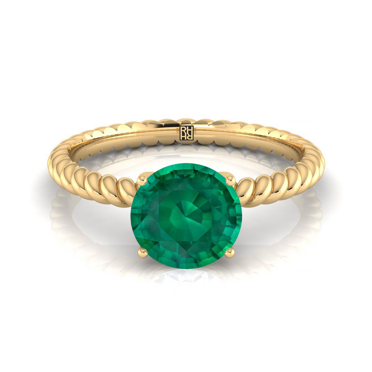 14K Yellow Gold Round Brilliant Emerald Twisted Rope Solitaire With Surprize Diamond Engagement Ring