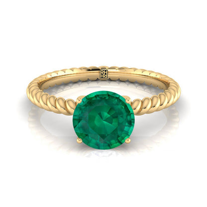 14K Yellow Gold Round Brilliant Emerald Twisted Rope Solitaire With Surprize Diamond Engagement Ring