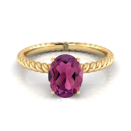 14K Yellow Gold Oval Garnet Twisted Rope Solitaire With Surprize Diamond Engagement Ring