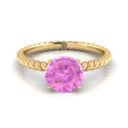 14K Yellow Gold Round Brilliant Pink Sapphire Twisted Rope Solitaire With Surprize Diamond Engagement Ring