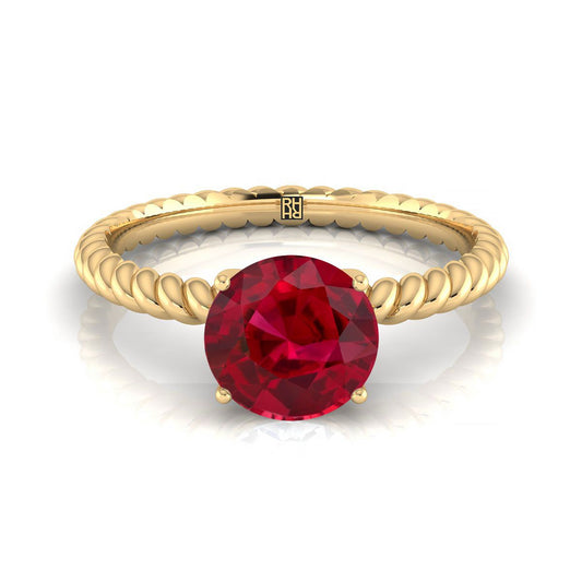 14K Yellow Gold Round Brilliant Ruby Twisted Rope Solitaire With Surprize Diamond Engagement Ring