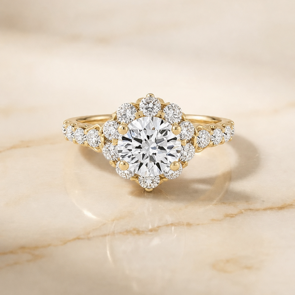 The Musetta round engagement ring setting in 18K Yellow Gold | RockHer