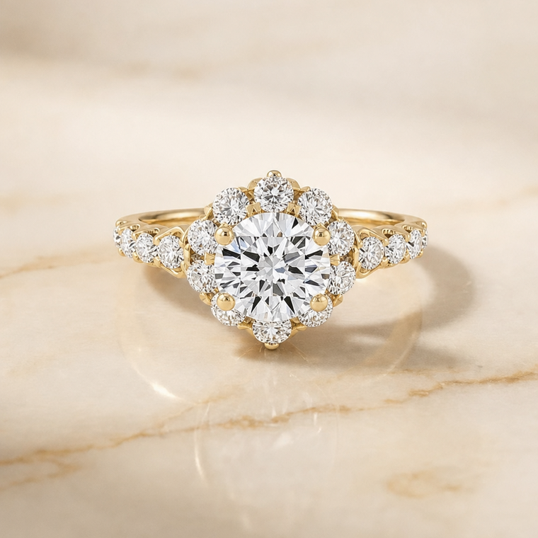 The Musetta Select Shared Prong Halo Linear Band Round Lab Diamond Engagement Ring in 18K Yellow Gold