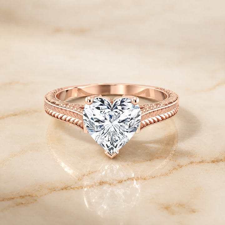The Aida Hand Engraved Vintage Cathedral Solitaire Heart Engagement Ring Setting in 14K Rose Gold