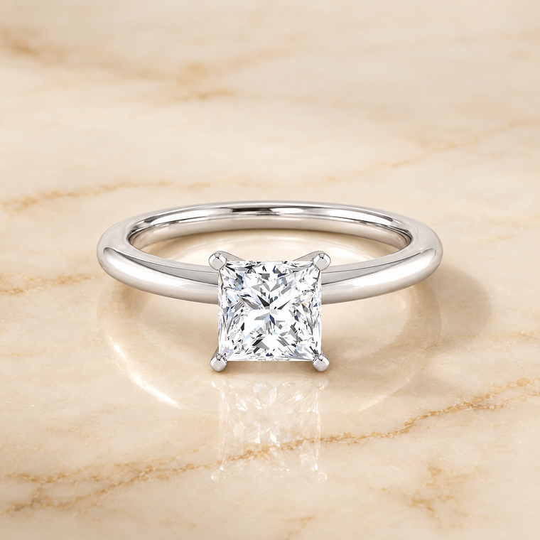 The Floria Comfort Fit Claw Prong Solitaire Princess Cut Engagement Ring Setting in Platinum
