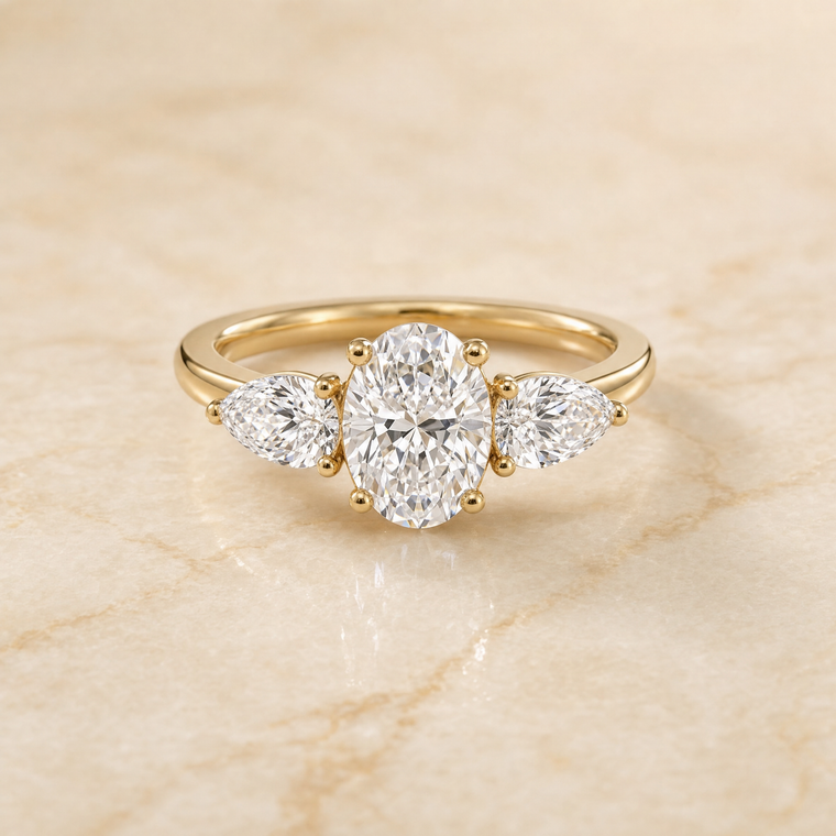 The Angelica Three Stone Matched Oval Engagement Ring Setting in 18K Yellow Gold