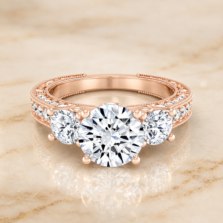 The Rosie Vintage Three Stone Round Engagement Ring Setting in 14K Rose Gold