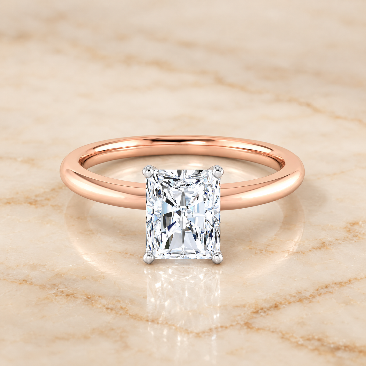 The Floria Comfort Fit Claw Prong Solitaire Radiant Cut Engagement Ring Setting in 14K Rose Gold