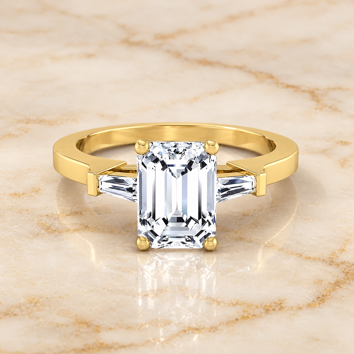 The June Three Stone Emerald Cut Engagement Ring Setting in 18K Yellow Gold
