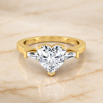 The June Three Stone Heart Engagement Ring Setting in 18K Yellow Gold