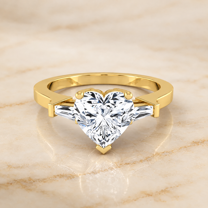 The June Three Stone Heart Engagement Ring Setting in 18K Yellow Gold