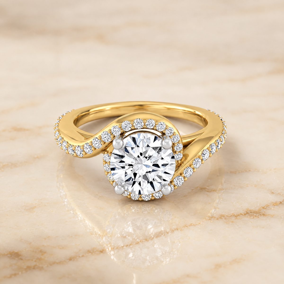 The Adelaide Pavé Swirl Halo Round Engagement Ring Setting in 18K Yellow Gold