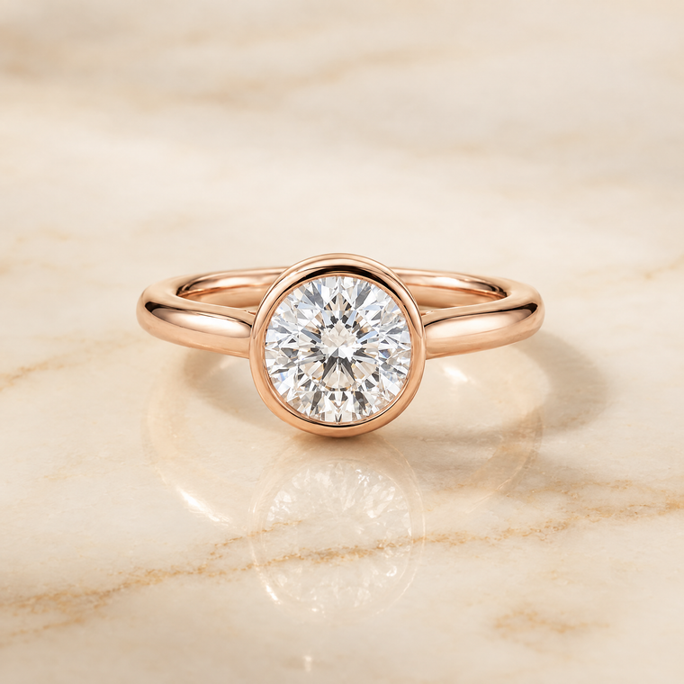 The Duran Simple Bezel Solitaire Round Engagement Ring Setting in 14K Rose Gold