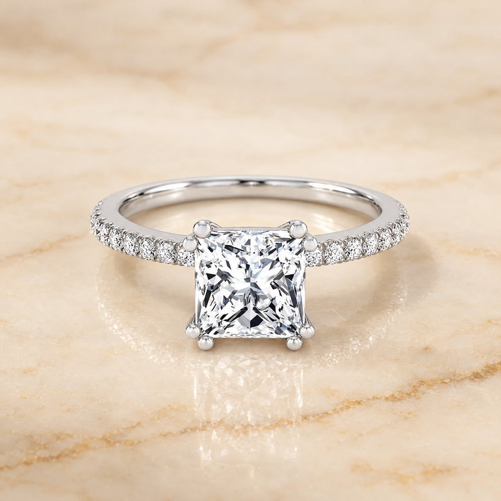 The Kelly Double Claw Prong French Pavé Princess Cut Engagement Ring Setting in 18K White Gold