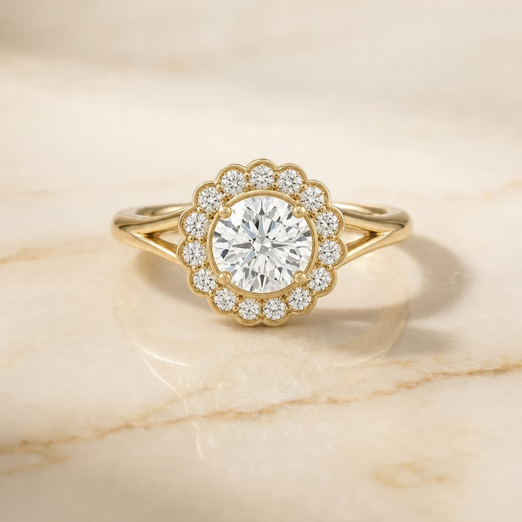 The Nera Select Floral Split Shank Halo Round Lab Diamond Engagement Ring in 18K Yellow Gold
