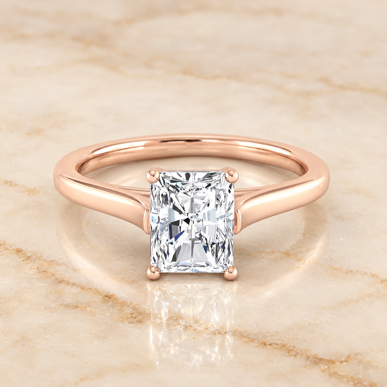 The Juliette Elegant Cathedral Squared Edge Solitaire Radiant Cut Engagement Ring Setting in 14K Rose Gold