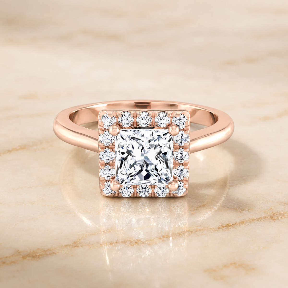 The Kate Classic French Pavé Halo Princess Cut Engagement Ring Setting in 14K Rose Gold