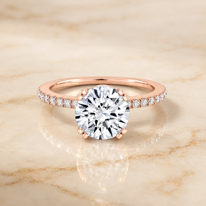 The Kelly Double Claw Prong French Pavé Round Engagement Ring Setting in 14K Rose Gold