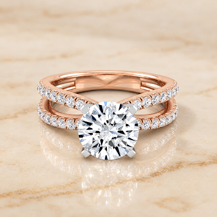 The Carole Two Row Pavé Split Shank Round Engagement Ring Setting in 14K Rose Gold