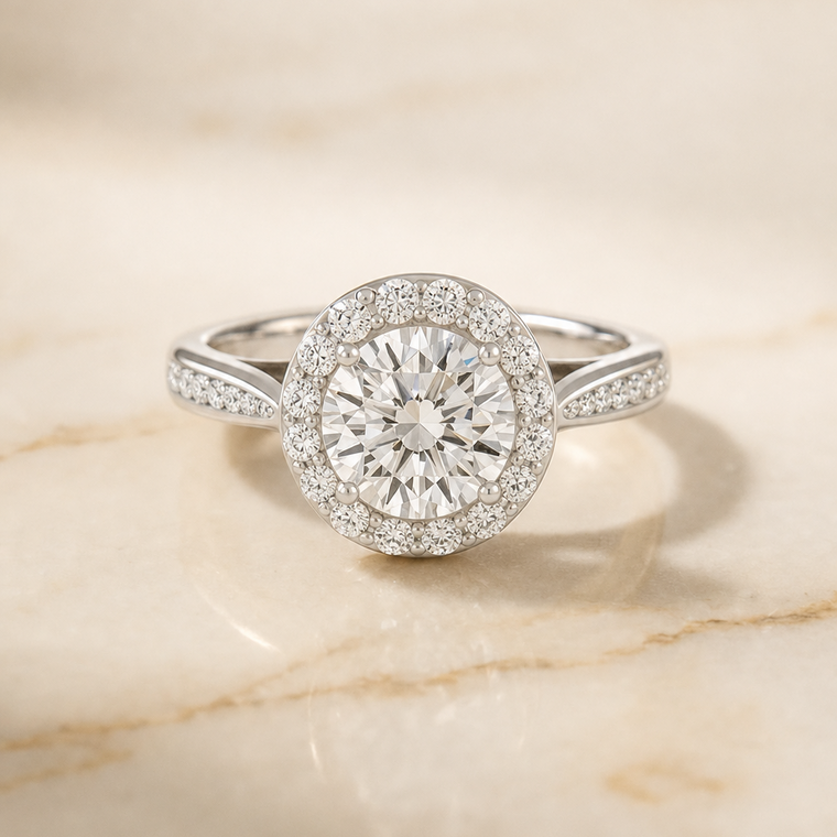 The Aria Select Channel Row Pavé Halo Round Lab Diamond Engagement Ring in Platinum