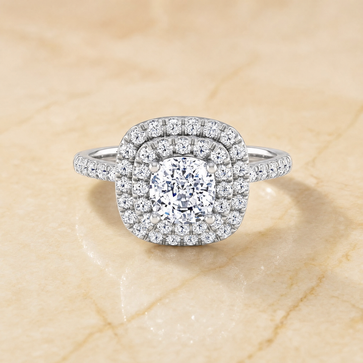 The Whitney Double Halo Cushion Cut Engagement Ring Setting in 18K White Gold