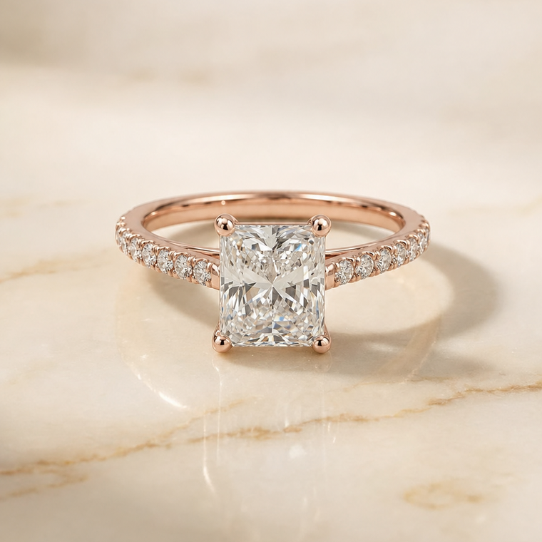 The Donna Select Cathedral French Pavé Solitaire Radiant Cut Lab Diamond Engagement Ring in 14K Rose Gold