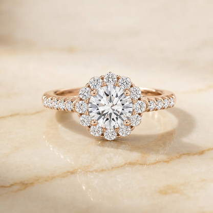 The Musetta Shared Prong Halo Linear Band Round Engagement Ring Setting in 14K Rose Gold