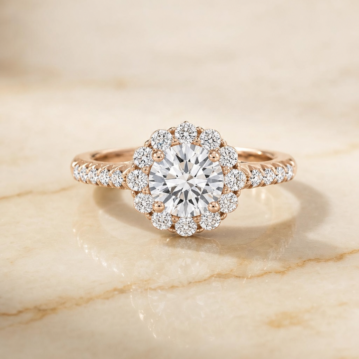 The Musetta Shared Prong Halo Linear Band Round Engagement Ring Setting in 14K Rose Gold