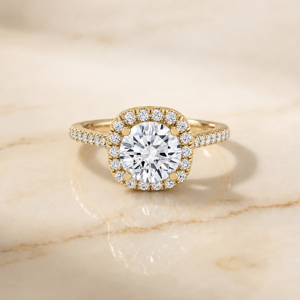 The Bianca Classic Prong Halo Round Engagement Ring Setting in 18K Yellow Gold