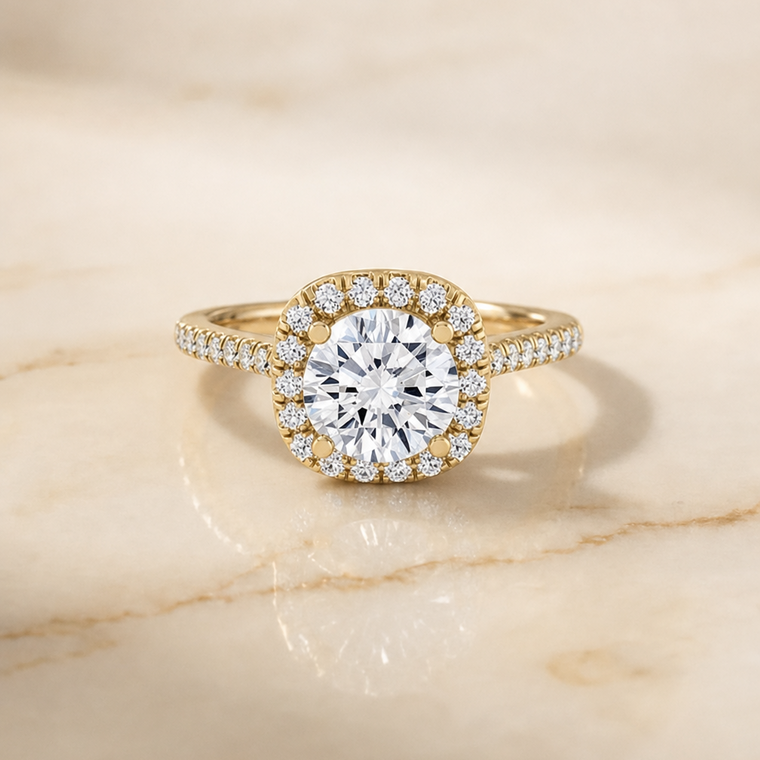 The Bianca Classic Prong Halo Round Engagement Ring Setting in 18K Yellow Gold