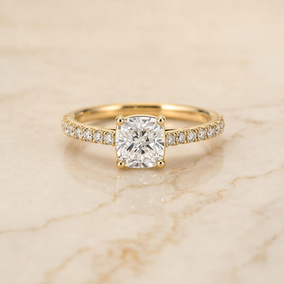 The Donna Cathedral French Pavé Solitaire Cushion Cut Engagement Ring Setting in 18K Yellow Gold